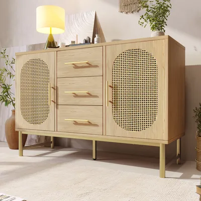 Immagine prodotto di Cassettiera in rattan Abrihome con 3 cassetti e 2 ante, credenza per soggiorno con maniglie in metallo, 120x40x74 cm