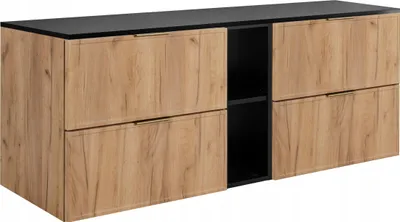 Obrázek produktu pro RODAN | Koupelnová skříňka - SLIM - 140,6 cm - Hnědá - 3 barvy úchytů  - s černou deskou a policí - Zavěšená