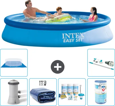 Produktbild von Intex runder aufblasbarer Easy Set-Schwimmpool – 366 x 76 cm – Blau – inklusive Pumpe Sonnensegel - Wartungspaket - Filter - Bodenplane - Staubsauger