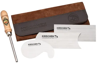 Produktbild von Kirschen 4-teiliger Ziehklingensatz in Velours-Lederetui; kantig 150x60x08 mm, hohl+rund 0,8 mm und Schwanenhals 0,8mm