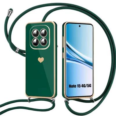 Image de Coque pour Xiaomi Redmi Note 15 5G/4G, Silicone Anti-Rayures Motif Cœur avec Cordon Vert Nuit