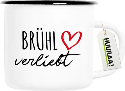 Produktbild von Huuraa Emaille Tasse Brühl verliebt 300ml Vintage Campingbecher Geschenkidee