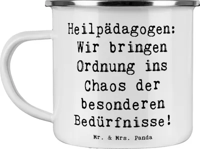 Produktbild von Mr. & Mrs. Panda Emaille Tasse Spruch Heilpädagogin Chaosordnung - Weiß - Geschenk, Geschenke mit Herz, Berufsalltag, Geduld, emaillebecher, Emailletasse, personalisierte