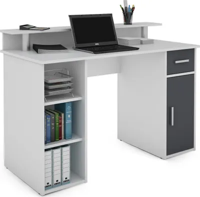 A white and anthracite desk with a laptop, books, and office supplies.