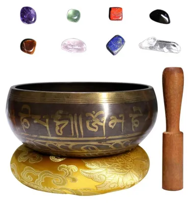 Image de Bol chantant de 8,5 cm, fabriqué à la main avec des pierres de chakra. Kit de méditation pour la thérapie sonore, la guérison, le yoga, la relaxation, la réduction du stress et la pleine conscience
