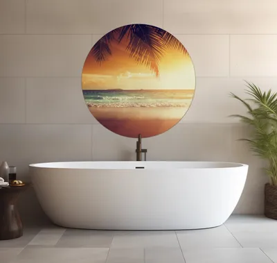 Produktbild von Wallario wasserfestes Poster selbstklebend 90 x 90 cm, Sonnenuntergang am Strand in der Karibik, Badezimmerposter Spritzschutz mit Hochglanzoberfläche in Glasoptik