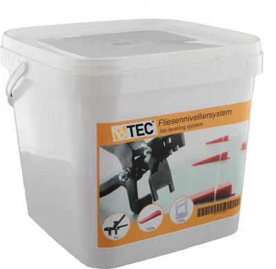 Produktbild von BTEC Fliesen Nivelliersystem Starterset 100x Laschen 100x Keile 1x Fliesenzange für Fliesen 6-15 mm Stärke Fliesenverlegung