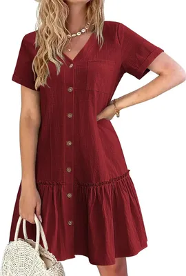 Obrázek produktu pro ASKSA Dámské letní šaty Button Down lněné šaty plážové šaty neformální V-Neck Mini šaty krátký rukáv A-Line šaty volán Wrap šaty (červená,S)