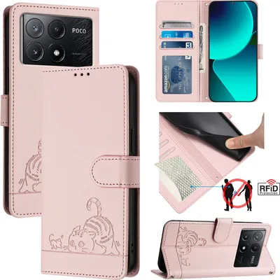 Produktbild von Leder Hülle für Xiaomi Poco X6 Pro/Redmi K70E Süße Katze Flip Case Brieftasche Schutzhülle mit Standfunktion Pink