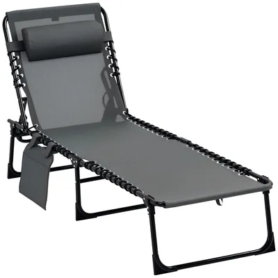 Produktbild von Sonnenliege klappbar 5-stufig verstellbar Stahlrahmen Netzstoffsitz Kopfkissen Seitentasche bis 120 kg Grau 189 x 58 x 30 cm