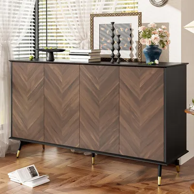 Produktbild von Merax Sideboard mit Fischgrätmuster, Kommode mit 4 Türen und höhenverstellbare Regale, MDF Holz, Metallbeine, Stauraum für Wohnzimmer Flur Esszimmer