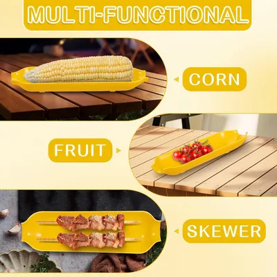 Produktbild von 4 Servierteller aus wiederverwendbarem Kunststoff in Maiskolbenform für Snacks und Vorspeisen bei Partys und Grillabenden