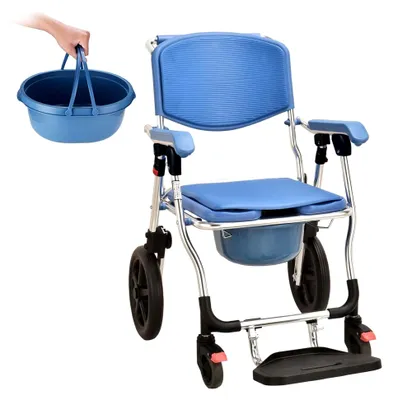 Produktbild von Toilettenstuhl mit Rollen, Duschstuhl für Senioren, 120 kg Tragfähigkeit, tragbare Toilette und erhöhter Toilettensitz mit gepolstertem Sitz/Rückenlehne/klappbarer Fußstütze
