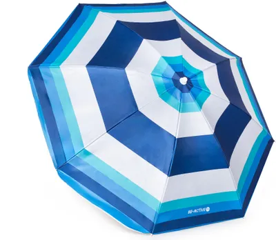 Produktbild von Strandschirm groß faltbar – stabiler Sonnenschirm mit Bodenanker für Balkon Garten & Camping blaue streifen