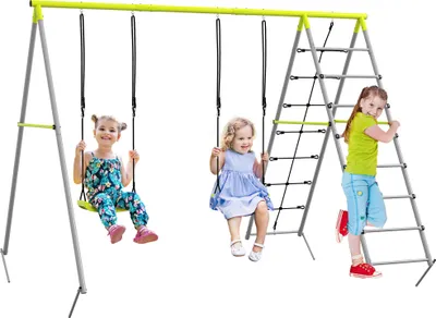 Immagine prodotto di Set da gioco per bambini Outsunny, composto da altalena, rete da arrampicata e scala a pioli, adatto a bambini dai 3 agli 8 anni, colore verde