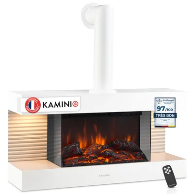 Image de KAMINIO cheminée électrique LIZ avec tuyau de poêle - cheminée murale électrique avec chauffage, effet de flamme 3D, lumière d'ambiance LED, télécommande - blanc