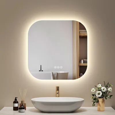 Image de EMKE Miroir de salle de bain LED 60 x 60 cm Miroir de salle de bain avec antibuée, 3 couleurs de lumière Miroir de salle de bain avec interrupteur tactile, miroir mural à intensité variable avec fonction mémoire