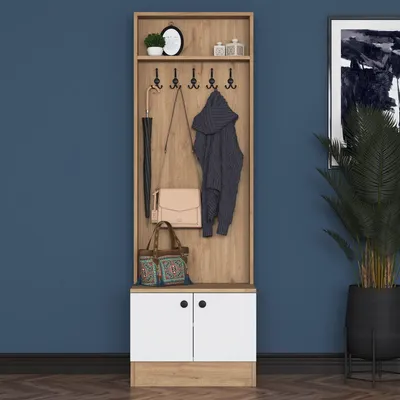 Produktbild von Skye Decor, Moderner Flurstand (Hochglanz) in Walnuss und Weiß, 59,8 x 182,8 x 35,5 cm | 100% melaminbeschichtete E1-Qualitätspanplatte, 18 mm dick | Mit Kleiderhaken, Regalen und Wandmontage.