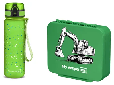 Produktbild von My Vesperbox Liv Brotdosen-Set – Box Grün - Bagger, Minny Trinkflasche Grün Klecks (500 ml)