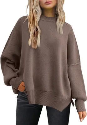 Produktbild von ASKSA Damen Pullover Langarm Rundhals Strickpullover Oversized Seitlichem Schlitz Rippstrick Sweater, Kaffee, XL