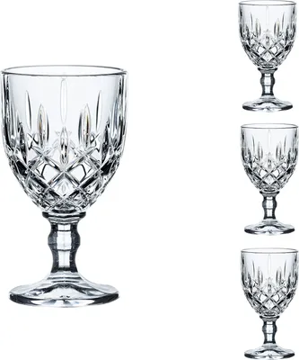 A set of four clear crystal liqueur glasses with intricate diamond-cut patterns.