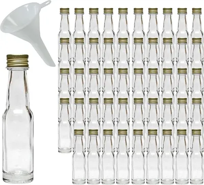 Immagine prodotto di Piccole bottiglie di vetro da 20 ml, confezione da 50 pezzi, con tappo a vite e imbuto, ideali per la cucina