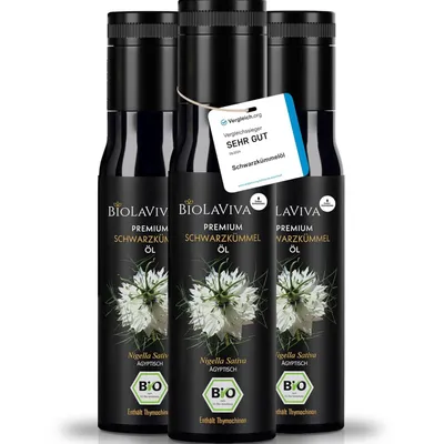 Produktbild von BIOLAVIVA Schwarzkümmelöl  (3 x 100ml) – kaltgepresst & ungefiltert – hoher Thymochinongehalt – labor & lichtgeschützt im Miron Violettglas