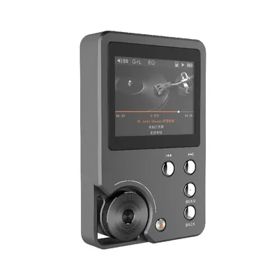 A gray portable MP3 player is shown against a white background.