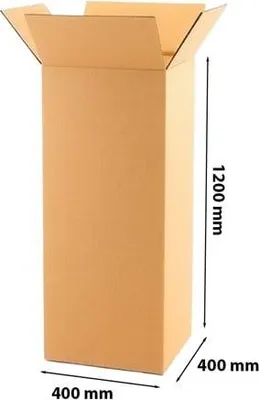 A tall, open cardboard box with dimensions indicated.