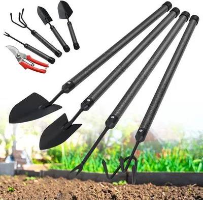 Productafbeelding van Ibenzoa® 5-delige tuingereedschapset – compact en draagbaar, roestvrij staal: grote en kleine handlepels, cultivator, onkruidsteker, tuinschaar