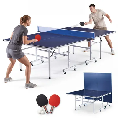 Produktbild von HyperMotion Tischtennisplatte klappbar mit Rollen 274x152,5x76 cm – Indoor Ping Pong Tisch mit Netz, Schlägern & Solo-Training