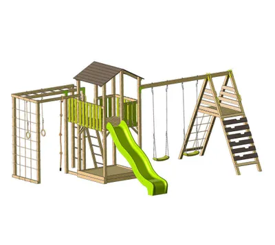 Produktbild von Wendi Toys Holz Spielturm Dino inkl. Rutsche, Kletterwand, Schaukel & Sandkasten Natur 438x561x307 cm
