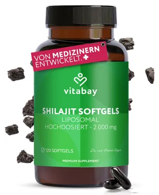 Produktbild von Vitabay Mumijo Shilajit Kapseln – 120 vegane Softgels – hochdosiert mit 2.000 mg liposomalem Shilajit pro Tagesdosis – 80 % Fulvinsäure & 12 % Huminsäure – labor in Deutschland