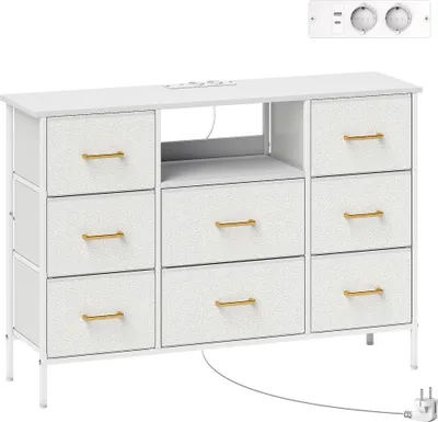 Produktbild von Kommode, Aufbewahrungsschrank mit 8 Schubladen aus Stoff, Steckdosenleiste, Stahlrahmen, Schubladenschrank für Flur, Schlafzimmer, Wohnzimmer und Büro, Cremeweiß