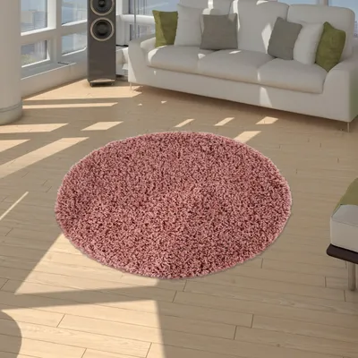 Image de Tapis Shaggy à poils longs Haute qualité Densité élevée Couleur unie Rose pastel Taille Ø 80 cm Rond