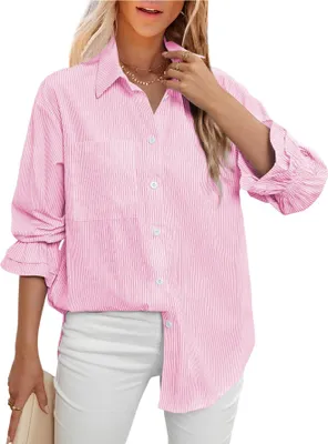 Produktbild von ASKSA Damen Bluse V Ausschnitt Langarm Knoepfen Elegant Hemdbluse Casual Hemden Gestreifte Brusttasche Oberteile (Rosa,L)