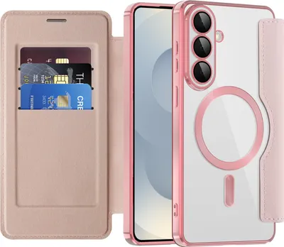 Produktbild von Klapphülle für Samsung Galaxy S26+ Kompatibel mit Magsafe, Klar Überzug Kartenhalter Ledertasche mit Kameraschutz Pink