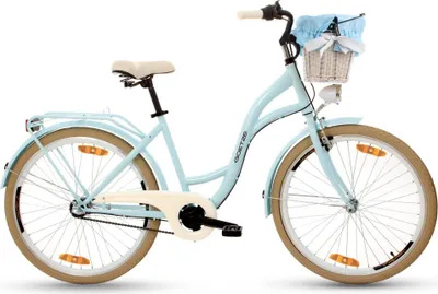 Produktbild von Goetze Style 26 Zoll City Bike, 43 cm Rahmen, 3-Gang Shimano Nexus, Rücktrittbremse & V-Bremse, LED-Beleuchtung, Gepäckträger, Rattankorb mit Bezug