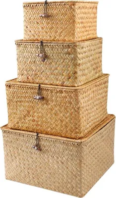 Produktbild von Famanu Rattan Aufbewahrungskörbe mit Deckel stapelbar - Set von 4 Aufbewahrungsboxen