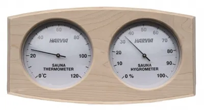 A wooden framed thermometer and hygrometer set.