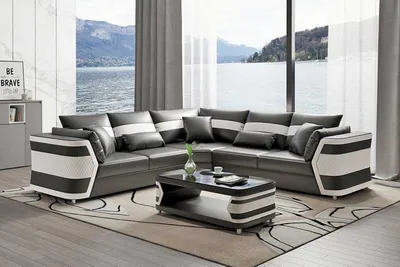 Produktbild von Grau Eckgarnitur Luxus Ledersofa Ecksofa Couch Sofa Wohnzimmer Modern