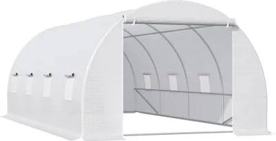 Produktbild von Gewächshaus 595 x 300 x 200 cm, Foliengewächshaus mit Tür & Fenstern, verzinkter Stahltunnel, inkl. Erdanker & Seile, Weiß