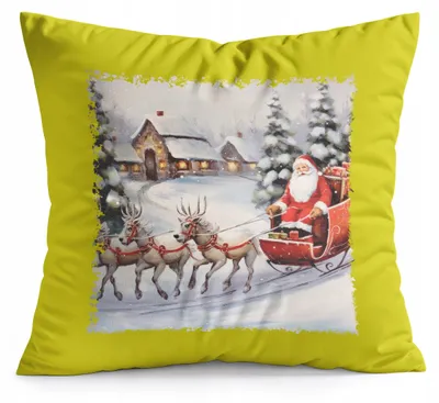 Obrázok produktu pre Žltý vankúš – Vianočné motívy: Santa Claus, sob. Vianočný darček