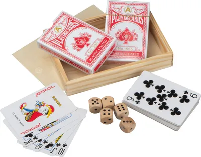Produktbild von Spielkartenset mit 2 Pokerkartensets (52 Blatt + Joker) und 5 Holzwürfeln