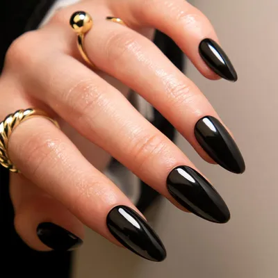 Produktbild von Press On Nails Kurz Oval Mandel Schwarz 24 Stück Kleber auf Nägel Acryl Gel Falsche Nägel