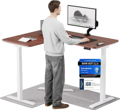 Produktbild von DESKSPACE CORNER Schreibtisch, Elektrisch höhenverstellbar, 160 x 130 x 70 cm, Mahagoni Tischplatte, Weißes Gestell