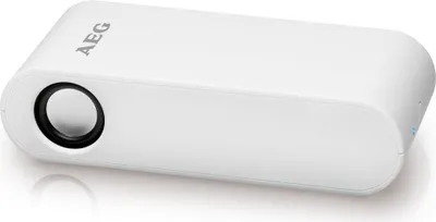 A white wireless stereo speaker with the AEG logo on top.