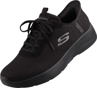 A black Skechers Slip-Ins sneaker shown from a side-angled view.