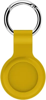 A yellow silicone case for an Apple AirTag with a silver keyring, isolated on a white background.