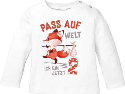 Produktbild von Baby Langarm-Shirt 1. Geburtstag Pass auf Welt ich bin jetzt 1 2 Fuchs Geburtstagsshirt Baumwolle MoonWorks® 2 weiß 80/86 (10-15 Monate)